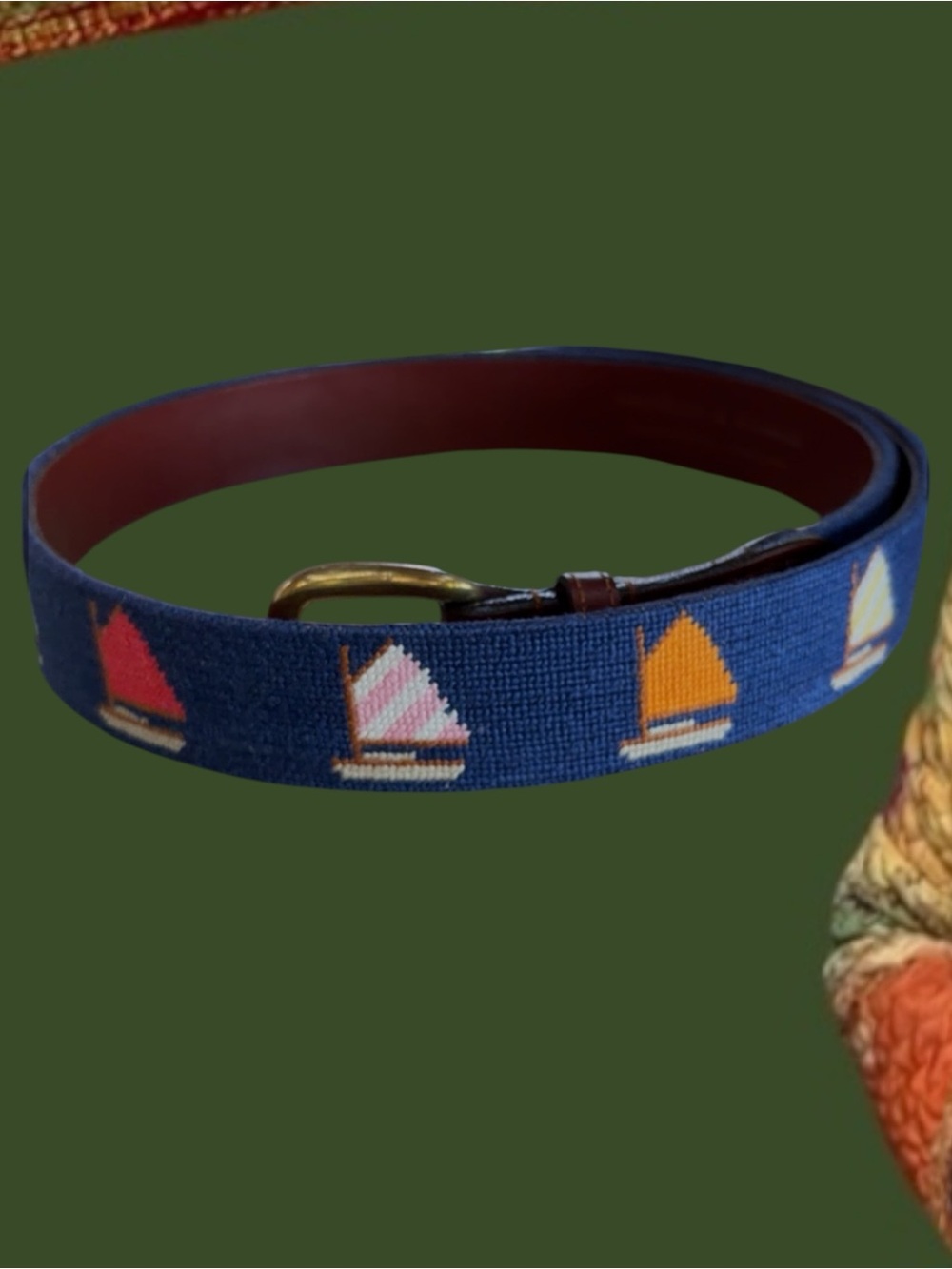 Navy Needlepoint Sailboat Belt with Leather Trim